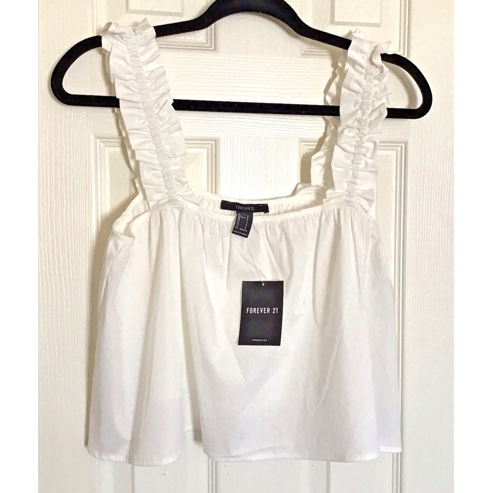 FOREVER 21 Ruffle-Strap Poplin Top - White Size S NWT Baby Doll Cropped